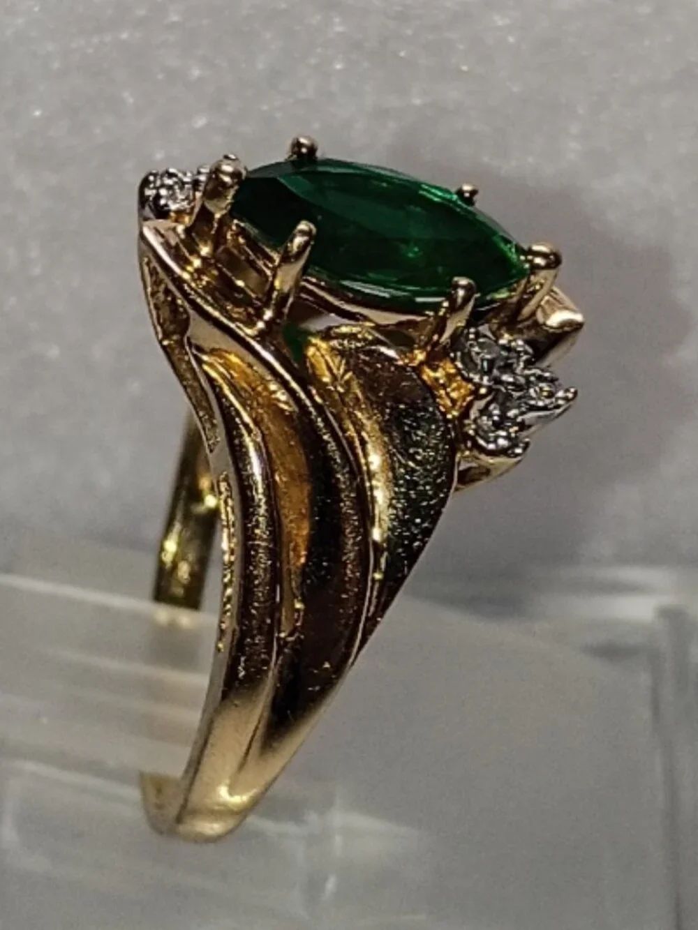 10Kt Two-Tone Gold Marquise Lab-Emerald Ring with Diamond-Accent